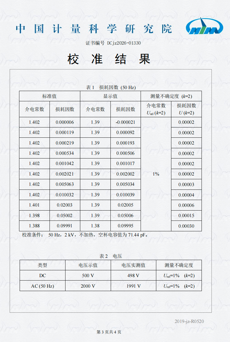中国计量科学研究院校准证书