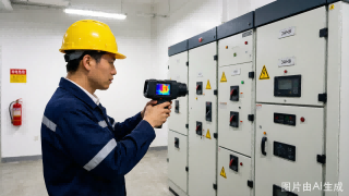 国内配电室现场，工程师使用手持红外热像仪对高压开关柜开展非接触测温（示意）